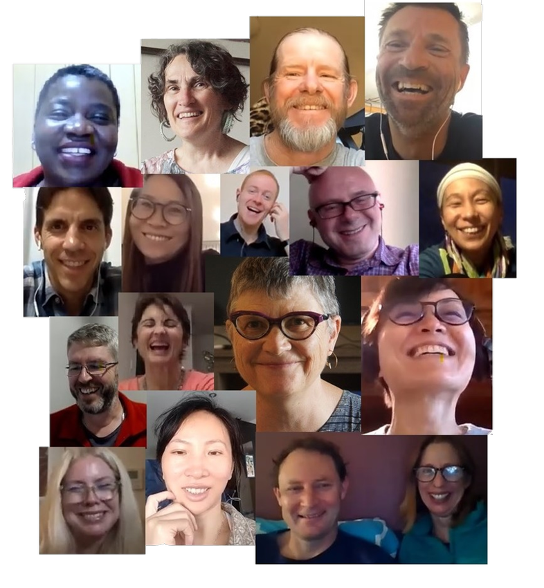 A collage of happy, smiling faces, stills from the Inner Lantern Mindfulness Course