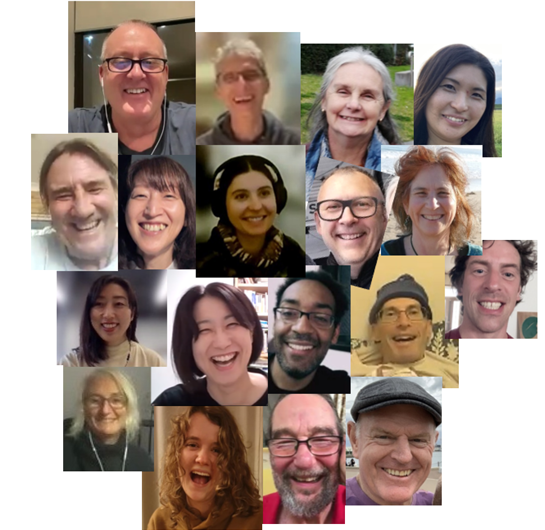 A collage of happy, smiling faces, stills from the Inner Lantern Mindfulness Course